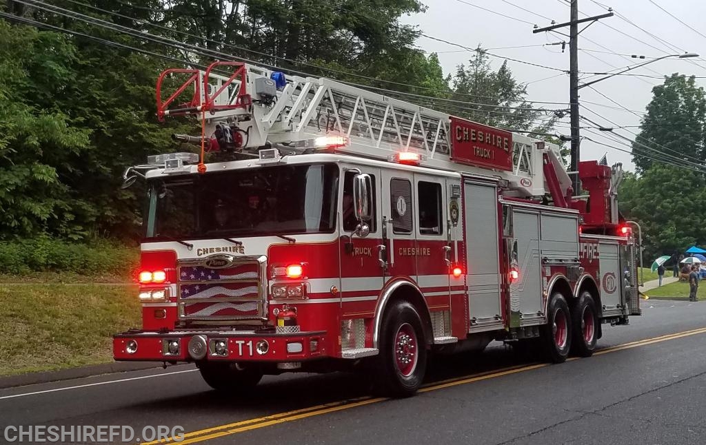 Truck 1 - First due Truck from Headquarters.  Responds townwide. 100ft straight stick aerial ladder.
